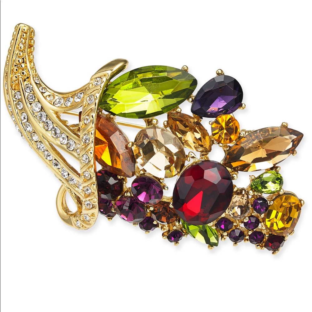 Metallic Gold-tone Crystal Cornucopia Pin